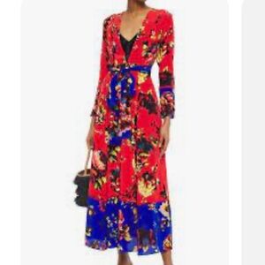 WE ARE LEONE Kimono style maxi dress in red/ cobalt peony w/contrast